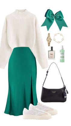 a woman wearing a green skirt, white sweater and black handbag with her purse