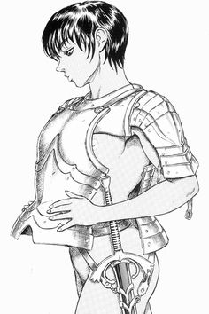 a black and white drawing of a man in armor with his arm around the shoulder