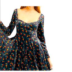 Nwt, Rare And Unique, Just Stunning Fitted Floral Print Mini Dress For Winter, Blue Square Neck Dress For Fall, Fitted Floral Print Midi Dress For Winter, Free People Sweater Dress, Gauzy Dress, Cream Mini Dress, Long Sleeve Boho Dress, Black Button Up Shirt, Cobalt Blue Dress