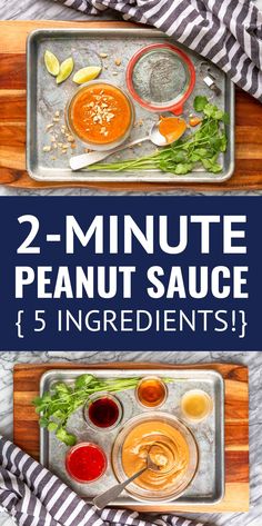 two pans filled with peanut sauce on top of a wooden cutting board next to each other