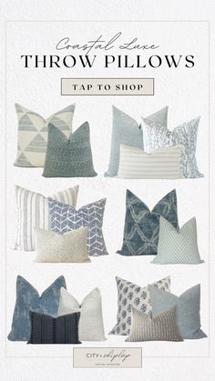 pillows with the words throw pillows on them in different colors and sizes, including blue, white