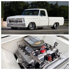 an old white truck with the engine in it's bed and another photo of its front end