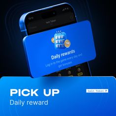 an image of a phone that is holding up a credit card with the words pick up daily reward on it