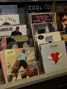 there are many records on display in the store