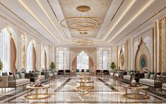 an elegant lobby with marble flooring and chandeliers on either side of the room