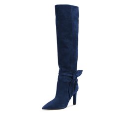 Introducing our Navy Blue Boots, crafted from soft suede with charming bow details. These calf-length fall boots are perfect for adding a touch of elegance to your seasonal wardrobe. Handcrafted US sizing. Fits true to size. Heel Height: 3" / 80 mm approx Product measurements were taken using size 8. Please note that measurements may vary by size. Navy Blue Boots, Blue Suede Boots, Pencil Heels, Wardrobe Color, Seasonal Wardrobe, Fall Boots, Blue Boots, Boots Suede, Boots Fall