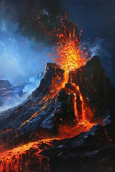 an image of a volcano with lava pouring out of it's sides and fire spewing out from the top