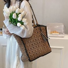 TAVIMART - High-capacity Tote Bag Simple Fashion Elegant Women's Shoulder Handbags Casual Trendy Crochet Tassel Underarm Bags Y2k Aesthetic Size:38*32*12CM Bags Y2k, Trendy Crochet, Handbags Casual, Fashion Elegant, Simple Fashion, Y2k Aesthetic, Color Khaki, Elegant Woman, Elegant Fashion