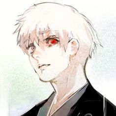 a drawing of a man with white hair and red eyes looking at the camera while wearing a black jacket