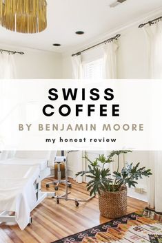 a living room with wooden floors and white walls, the title says swiss coffee by benjamin moore