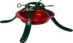 a red and green bird feeder with two handles on it's legs, sitting on top of a white background