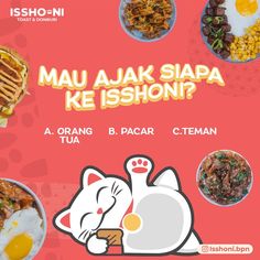 the menu for mau ajak siapa ke ishoni, featuring an egg and other foods