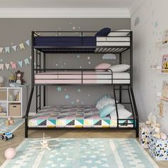 a child's bedroom with bunk beds and toys