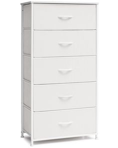 a white dresser with five drawers on it's front and bottom shelves, against a white background