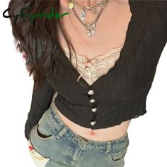 Korean Fashion Crop Top y2k Aesthetic Sweet Lace Patchwork Long Sleeve T Shirt with Bow 2000s Women Clothes Streetwear SPECIFICATIONS Model Number: Women T Shirt Clothing Length: shortï¼?-16inchï¼?/span> Style: Y2K Fit: Fits true to size, take your normal size Material: POLYESTER Material: ModaL Material: SPANDEX Decoration: Bow Elasticity: Medium Strecth Tops Type: TEES Season: Autumn/Winter Pattern Type: Patchwork Item Type: tops Collar: V-Neck Fabric Type: Broadcloth [New In 20240911] Crewneck Aesthetic, Crop Top Y2k, Slim Blouse, Streetwear Girl, Grunge Shirt, Y2k Long Sleeve, Vintage Crop Tops, Lace Patchwork, Cute Crop Tops