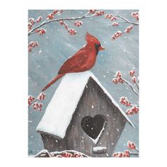 a painting of a cardinal sitting on top of a birdhouse in the snow with red berries