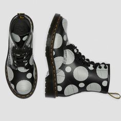 New This Season, This High-Impact Print Is A Mashup Of Polka Dots And Stripes Nodding To Our Iconic Grooved Outsole. Set On A Smoke Dms Sole, The Boots Are Printed All Over In Full-Volume Polka Dot And Marked By Our Signature Dna: Yellow Welt Stitching And A Scripted Airwair Heel Loop. Born On 01.04.60. Named The 1460. Over Six Decades, Our 8-Eye Work Boot Has Become Iconic Hardwearing And Famously Tough, Our Smooth Leather Can Be Polished To Shine Or Scuffed-Up Our Goodyear-Welted Lines Are Hea White Platform Boots, Soft Leather Boots, Shoes Dr Martens, Black Dr Martens, Full Volume, Lace Up Combat Boots, Leather Heeled Boots, Dr Martens Black, Leather Lace Up Boots