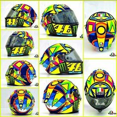 the helmet is colorful and has numbers on it, as well as other items that have been