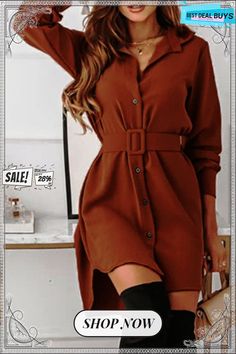 Casual Elegant Solid Buckle with Belt Turndown Collar Shirt Dress Dresses Casual Solid Color Shirt Dress For Fall, Non-stretch Brown Winter Dress, Fitted Knee-length Solid Color Shirt Dress, Knee-length Solid Color Shirt Dress For Fall, Solid Color Knee-length Shirt Dress For Fall, Fall Solid Color Knee-length Shirt Dress, Fitted Knee-length Shirt Dress In Solid Color, Fall Trendy Mini-length Shirt Dress, Fitted Knee-length Shirt Dress