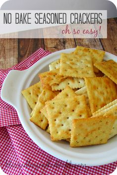 no bake seasoned crackers on a plate with red and white checkered tablecloth