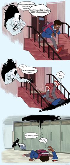 the comic strip shows two people on stairs, one is falling down and another is lying down