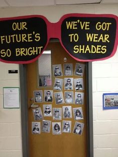 a door with some pictures on it that say we've got 50 bright shades