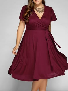 $17.12--WINE RED--8X---Front Tie Swing Surplice Plus Size Dress   1/29/18 Plus Size Summer Dresses, V Neck Midi Dress, Moda Plus, Sammy Dress, Agra, Solid Dress, Plus Size Dress