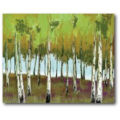 an abstract painting of trees and grass