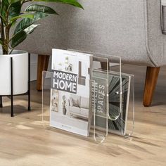 three magazine racks with magazines on them in front of a couch and potted plant