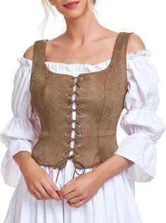 Amazon.com: Zando Corset Tops for Wome Vintage Strap Tunic Top Vest Sexy Lace Up Overbust Corsets Sleeveless Waistcoat Vest Viking Outfit Renaissance Faire Costume Women Plus Size Brown Small: Clothing, Shoes & Jewelry Pirate Vest, Medieval Costume Women, Pirate Corset, Medieval Corset, Victorian Cosplay, Gothic Tank Tops, Plus Size Corset Tops, Female Pirate Costume, Victorian Corset