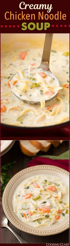 creamy chicken noodle soup in a white bowl with a spoon