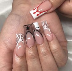 Medium French tip acrylics nails with spider webs and spiders and ghost designs Nail Inspo Grunge, Nails 2023, Halloween Nail, About Hair, French Nails, Halloween Nails, Nail Inspo, Beauty Hacks, Nails