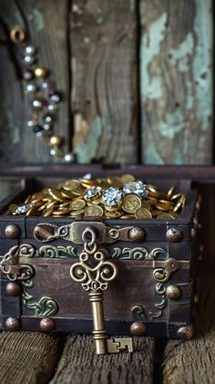 an old wooden box filled with gold coins and a key to the chest is sitting on top of wood planks