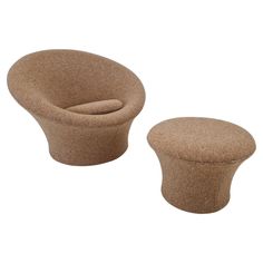 two chairs and a stool made out of wool, one with a footstool