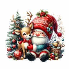 a painting of santa and his reindeer sitting next to a christmas tree