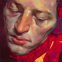 a painting of a man's face with his eyes closed, wearing a red scarf