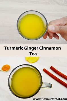 two pictures showing how to make turmic ginger cinnamon tea