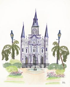 a watercolor drawing of a church with palm trees