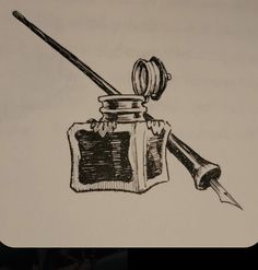 an ink drawing of a jar with a pen and brush on it, sitting next to a pipe