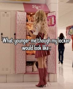 a woman standing in front of a locker with the words, what younger me though my locker would look like?