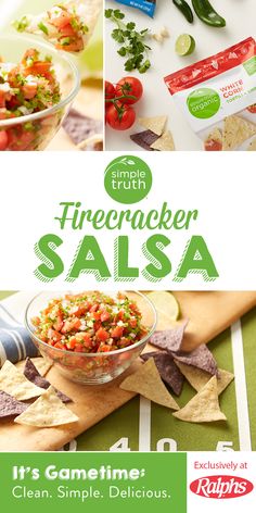 the flyer for firecracker salsa is shown in green, white and red colors