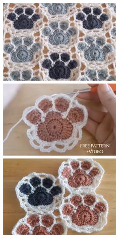 crocheted doily is shown in three different colors, including black and white