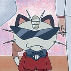 a cartoon cat wearing sunglasses and a bow tie standing in front of a person holding a knife