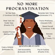 a woman in graduation cap and gown holding a scroll with the words no more procrastination