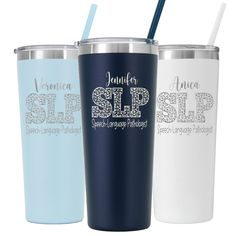 three personalized tumblers with straws in them, one blue and one white