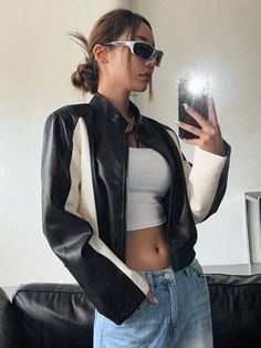 DAZY Two Tone Zip Up Crop Patent Jacket | SHEIN USA White Leather Jacket Outfit, Tv Clothes, Jacket Outfit Women, White Leather Jacket, Pu Jacket, Pu Leather Jacket, Leather Jacket Outfits, Long Sleeves Jacket, Jacket Outfits