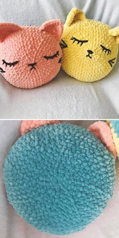 two crocheted pillows with cats on them, one is blue and the other has pink