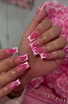 Cute Acrylic Nails Designs Popular Pretty, Pink And Green Nails Acrylic, Pink Square Nails Design, Pink On Pink Nails, Pink And Green Nail Designs, Beginner Nail Designs, Pink Tip Nails, Elegant Touch Nails, Purple Glitter Nails