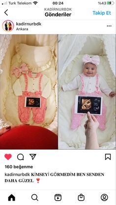 two pictures of babies in pink and white outfits