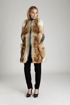 Womens Coyote Fur Vest with suede lined patch pockets. Fingertip Length Vest and warm accessory to wear over your jacket or sweater from fall to winter. Fur Accessories Vest, Luxury Faux Fur Vest For Fall, Luxury Fall Vest With Faux Fur Trim, Vest Over Dress Fur, Faux Fur Coat Vest Leather, Are Fur Vests Still In 2022, Fur Vest Outfit, Fur Vest Women, Fur Vests